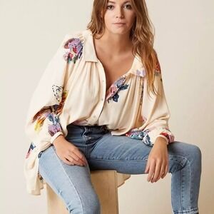 Free People‎ Meadow Lark Shirt Size Small Floral Print Oversized Button Down